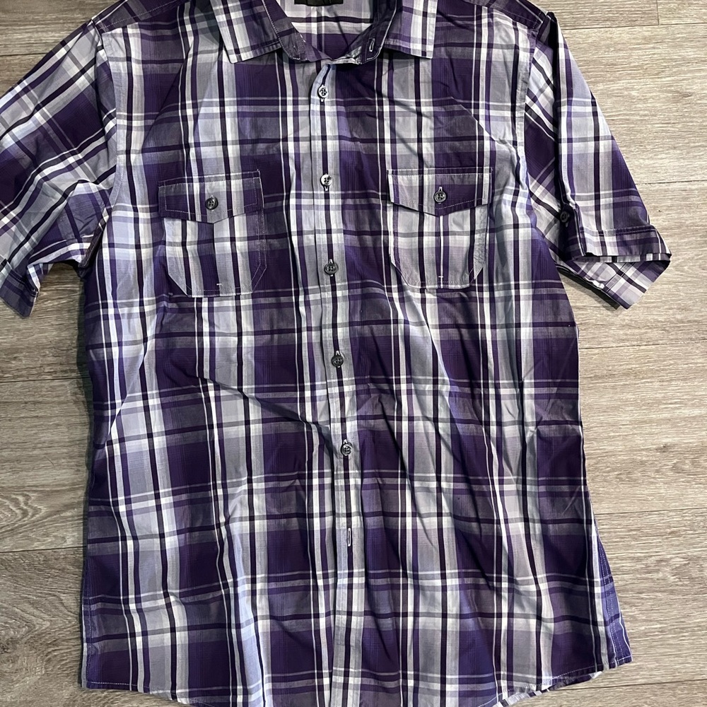 Men’s button down short sleeve - purple and gray